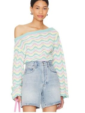 MAJORELLE Pastel Wave Stripe Off-Shoulder Knit Sweater NWT XS